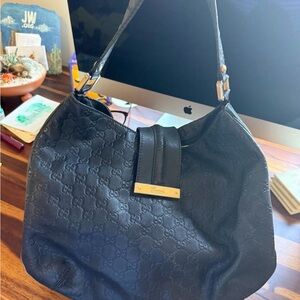 Gucci Black Embossed Monogram Hobo with Gold Plaque